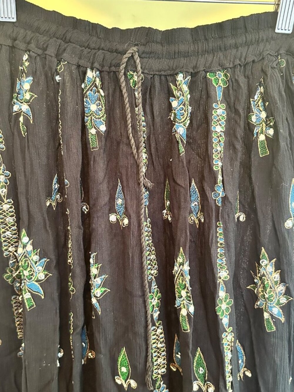 Black Embroidered Maxi Skirt With Blue & Green Floral Design Elastic Waist Draws - Picture 6 of 6